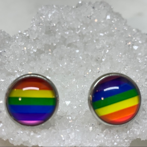 LGBT Rainbow Glass Cabochon Stud Earrings - Picture 2 of 8